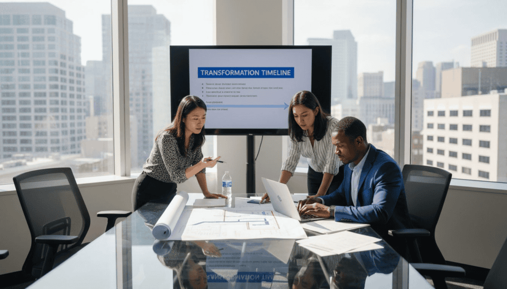 Executives planning at glass table in office