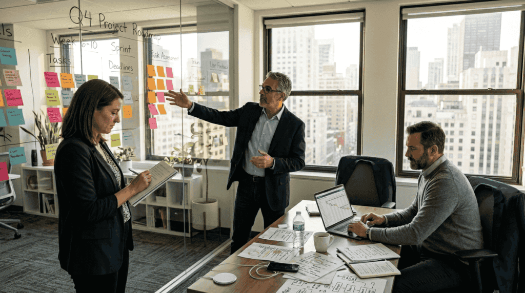 Consulting team reviewing business growth steps