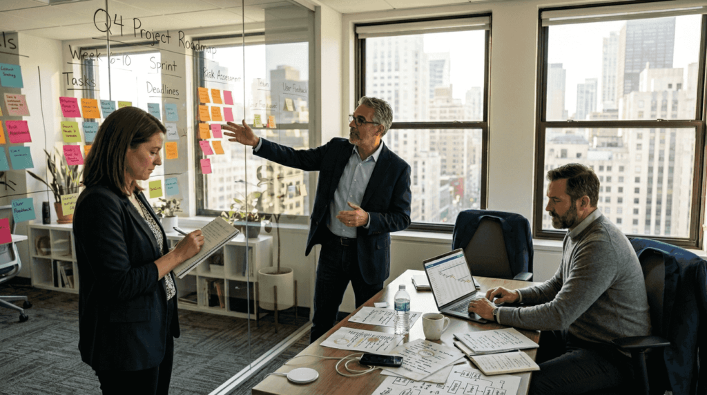 Consulting team reviewing business growth steps