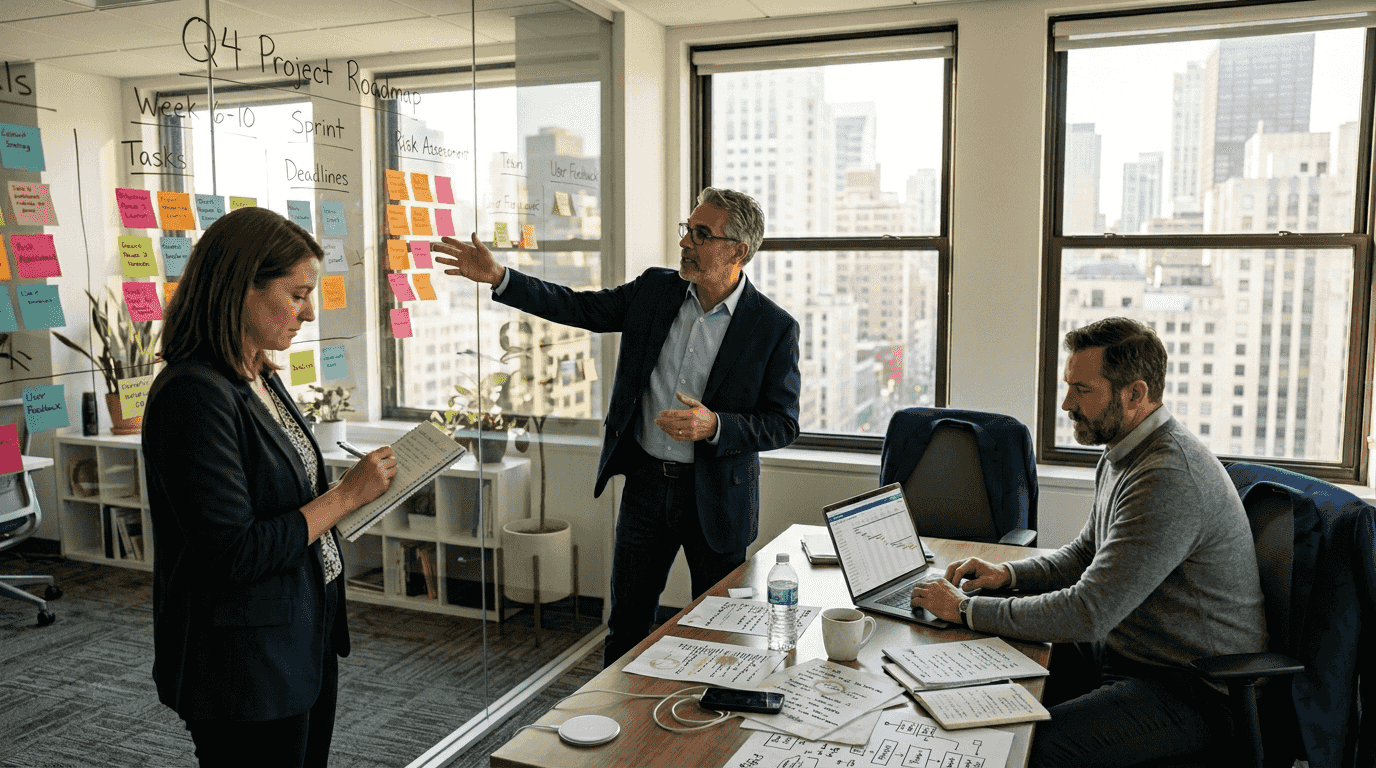 Consulting team reviewing business growth steps