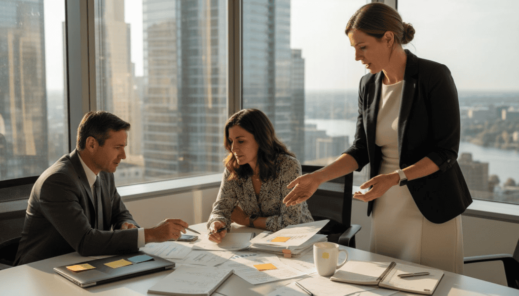 Consultant meeting with clients in office