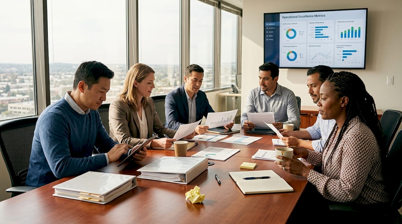 Managers reviewing operational excellence metrics