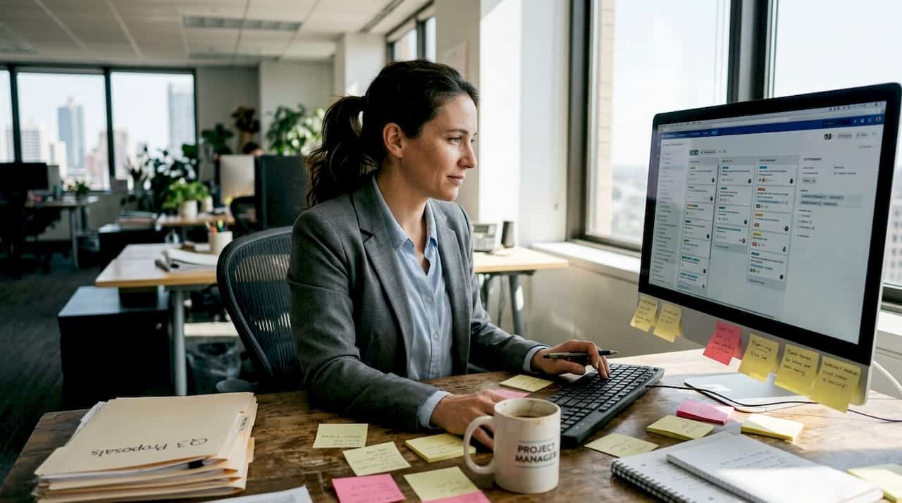 Project manager reviewing custom solution workflow