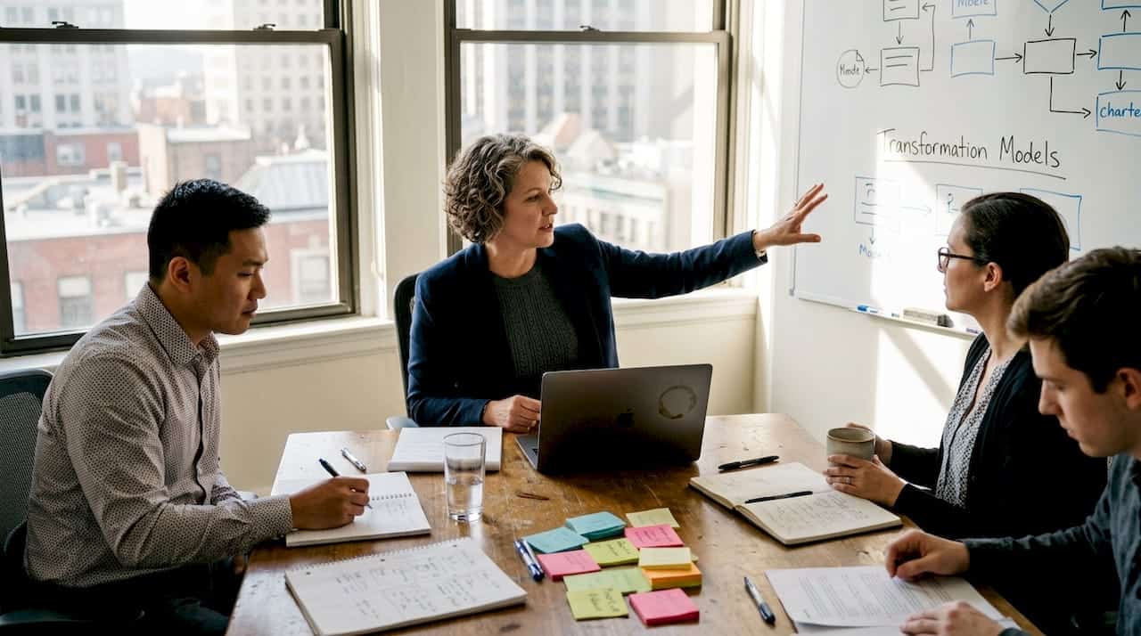 Manager discusses transformation models with team
