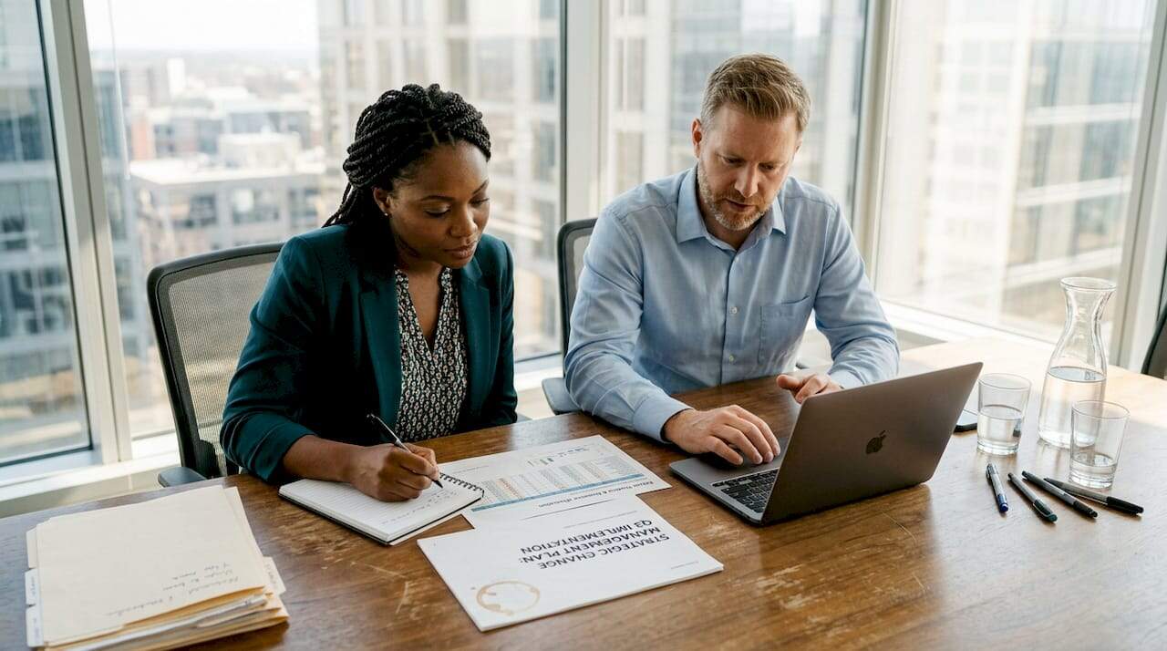 Managers reviewing change management plan together