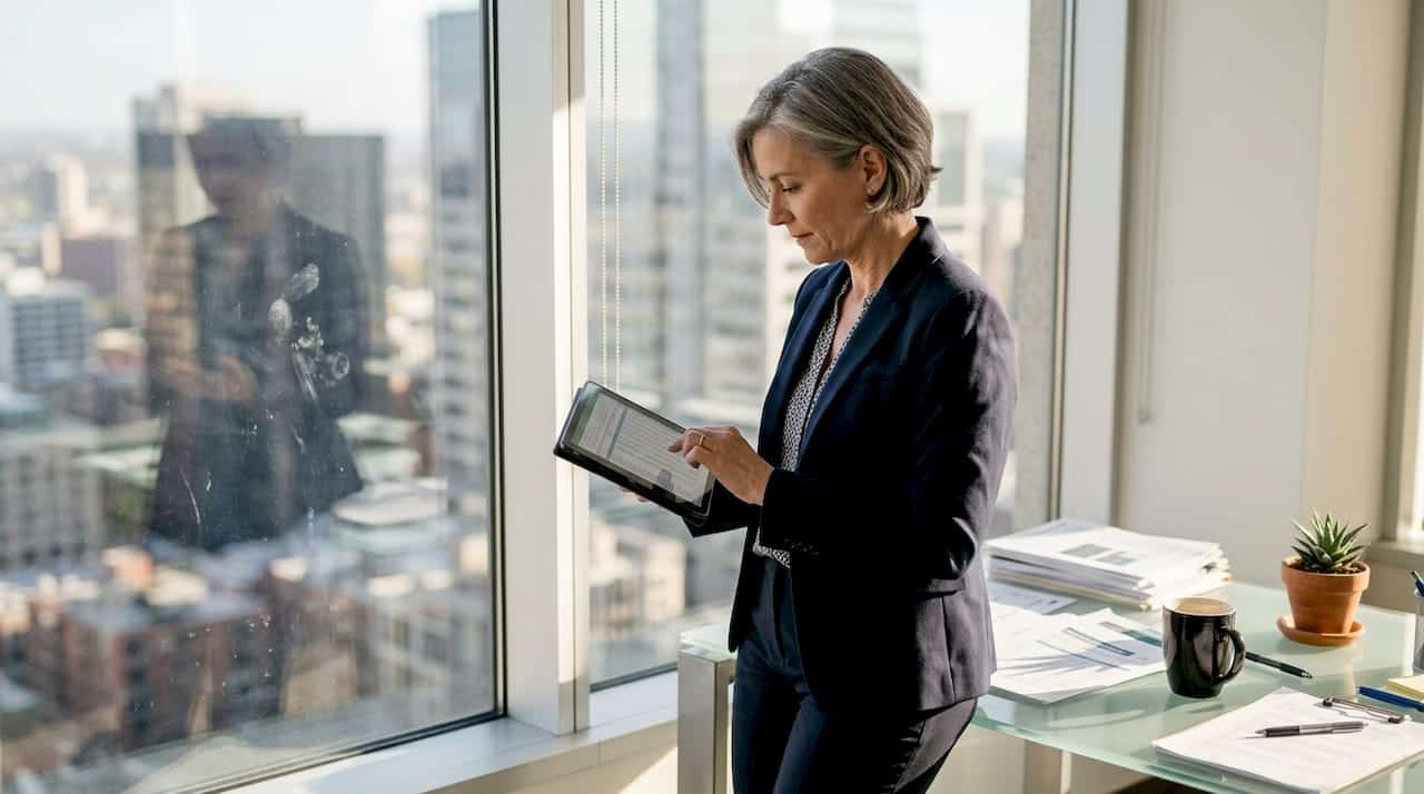 Executive looking over growth spreadsheet in office