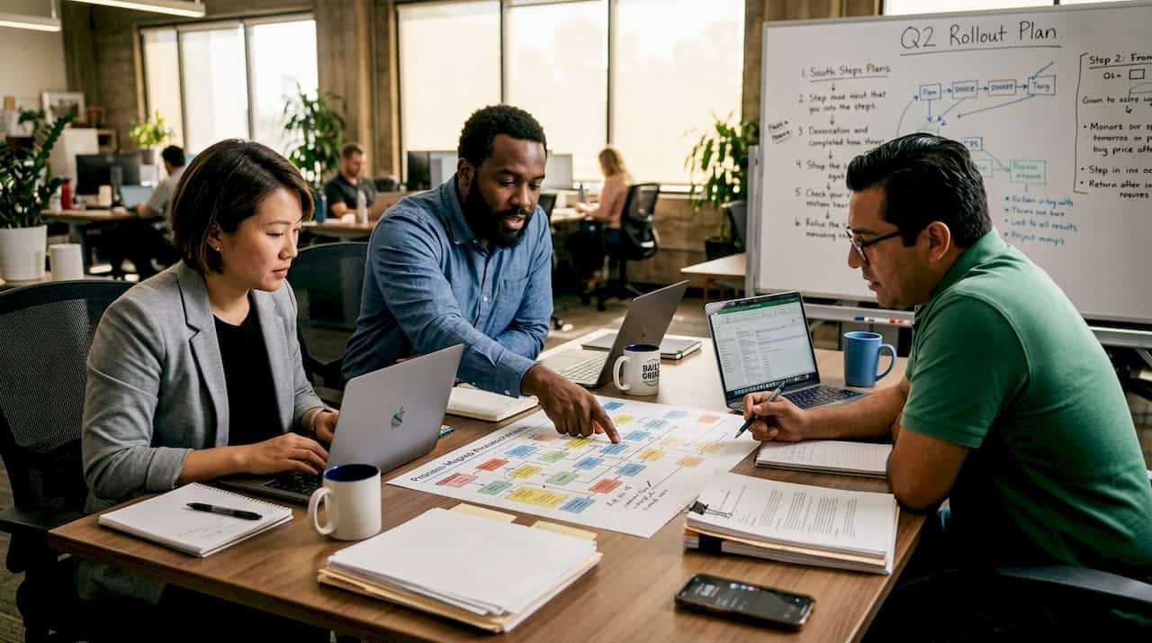 Team reviewing workflow process map in office