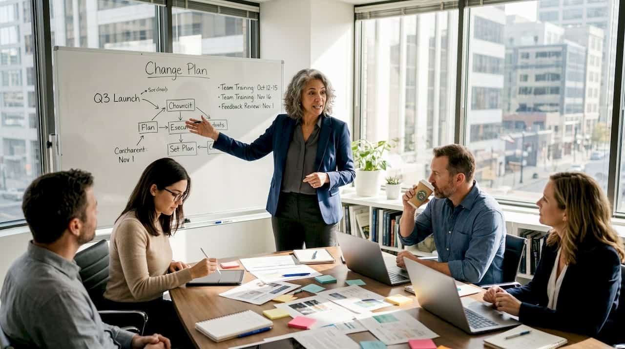 Executive leads organizational change meeting