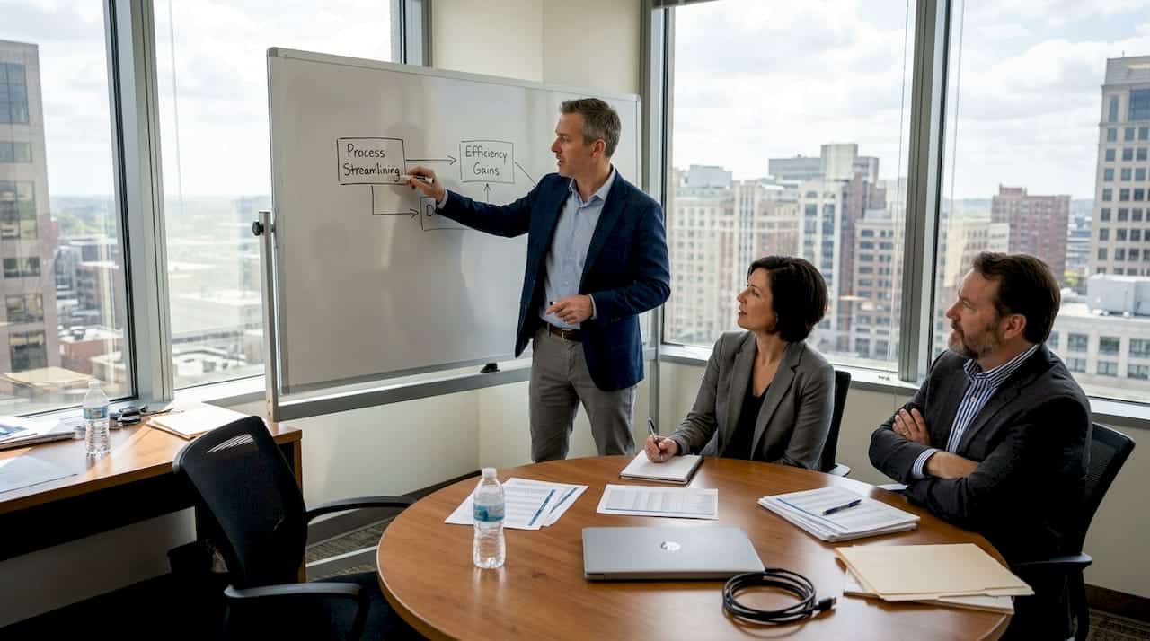 Consultant presenting to executives in corner office