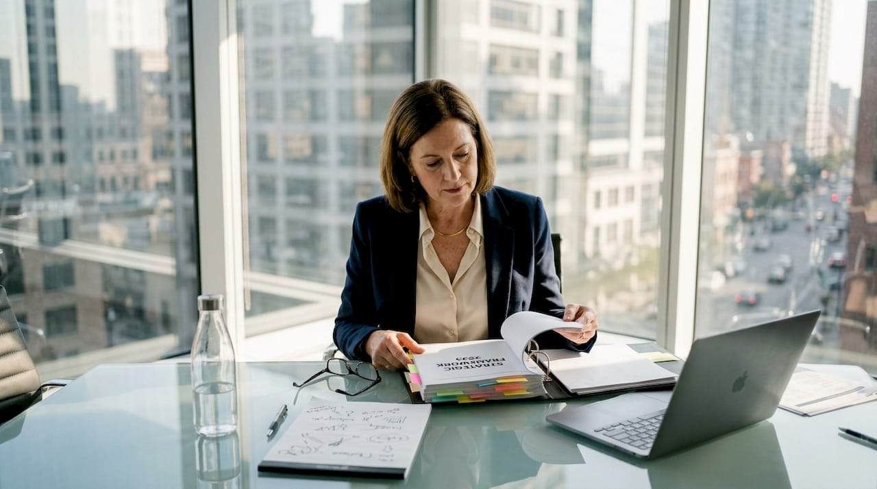 Executive reviewing business framework documents in office