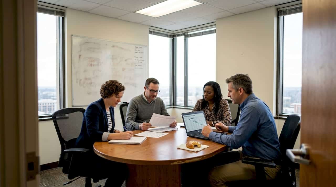 Business team discussing change management plan