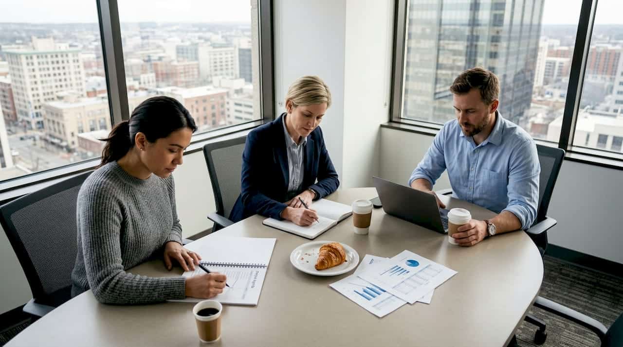 Executive team planning in corner office