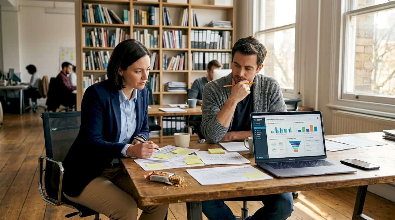 Colleagues reviewing marketing plan at workspace