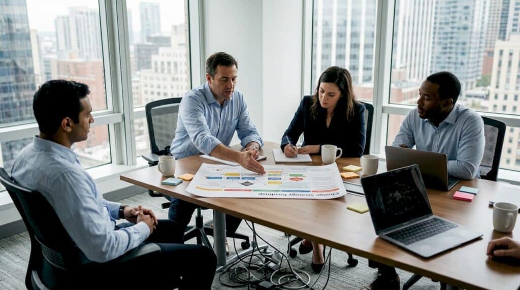 Executive team discussing change strategy roadmap