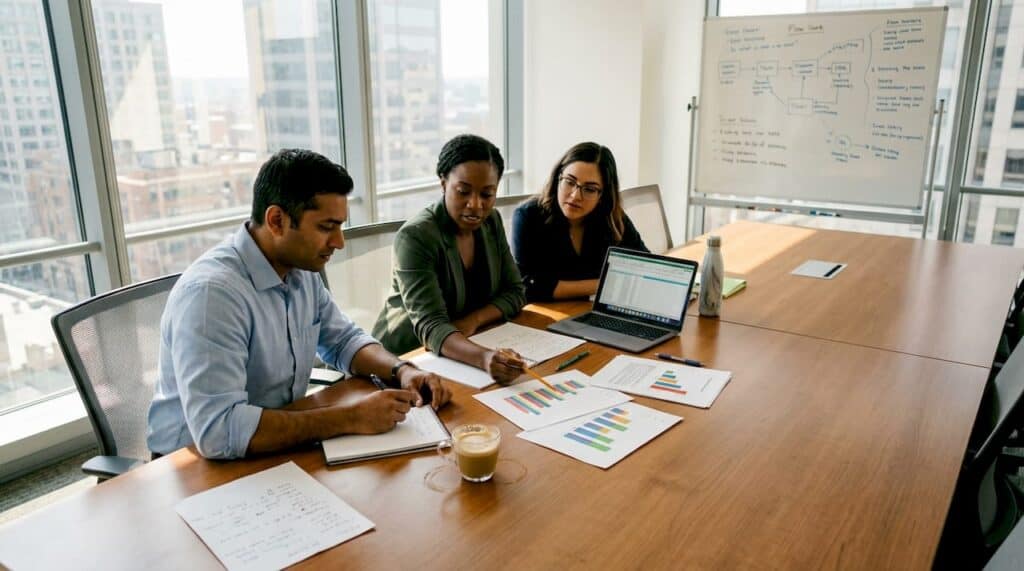 Team in planning meeting with charts in office