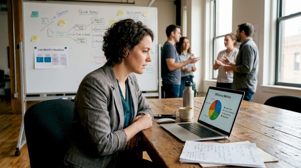 Manager reviewing operations dashboard at workspace