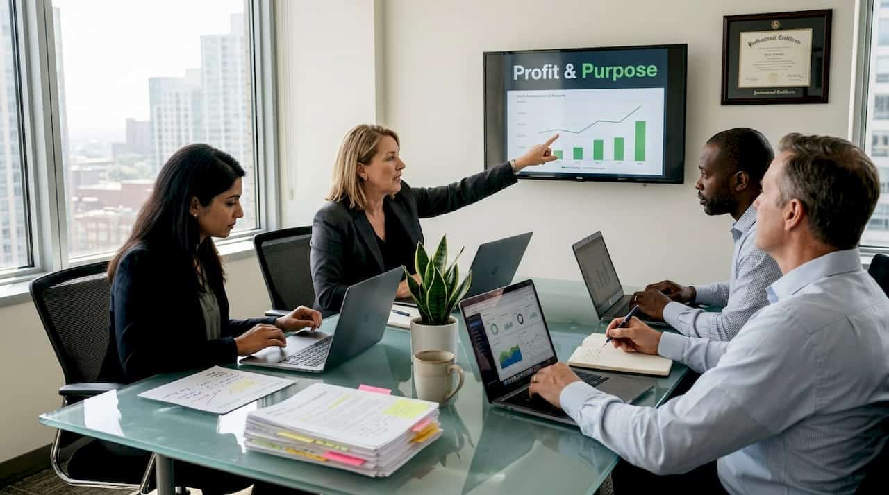 Executives discuss sustainability reports and dashboards