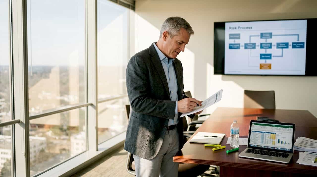 Manager reviewing risk report in corner office
