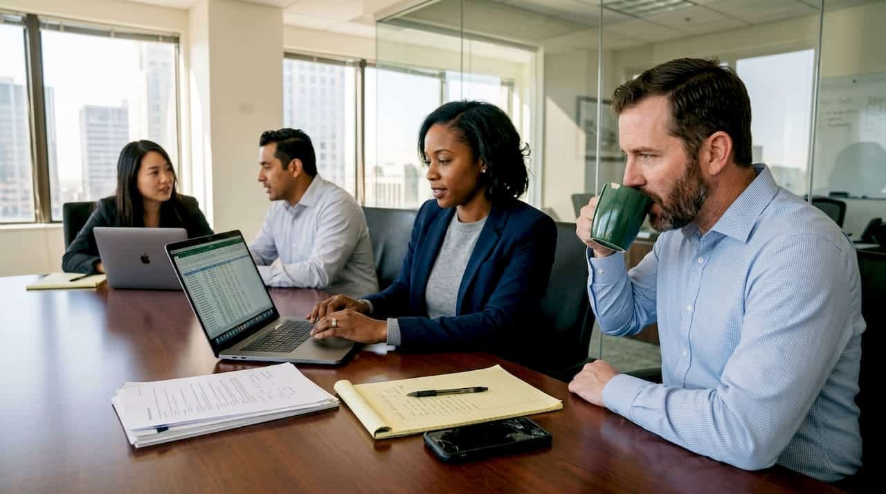 Team meeting in sunny glass office