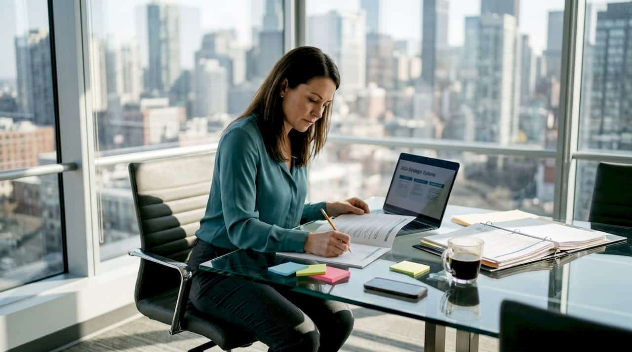 Manager reviewing strategy in city office