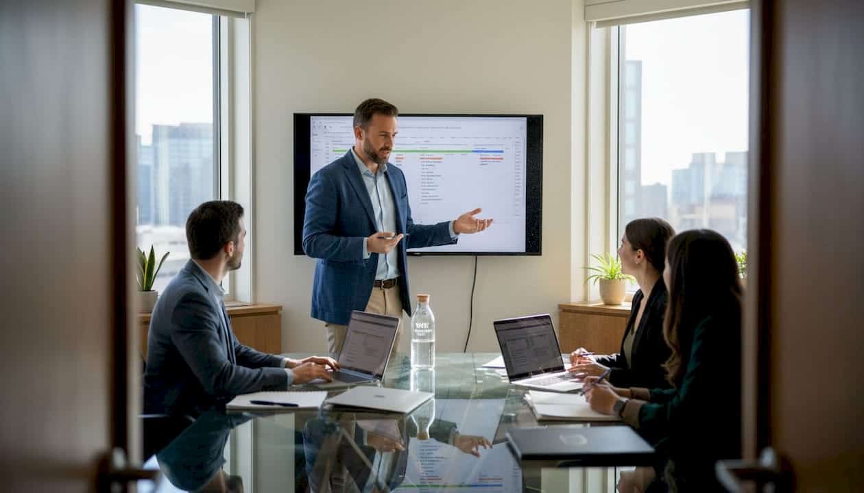 Consultant leading project meeting in corner office