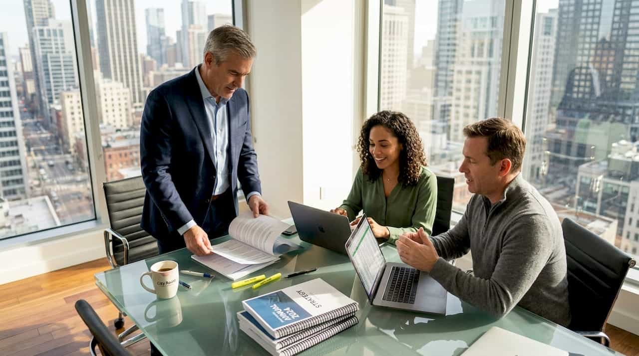 Business leaders reviewing strategy documents