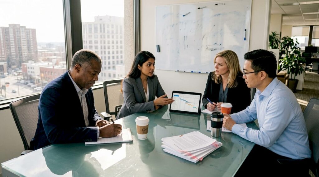 Executives in corner office brainstorming session