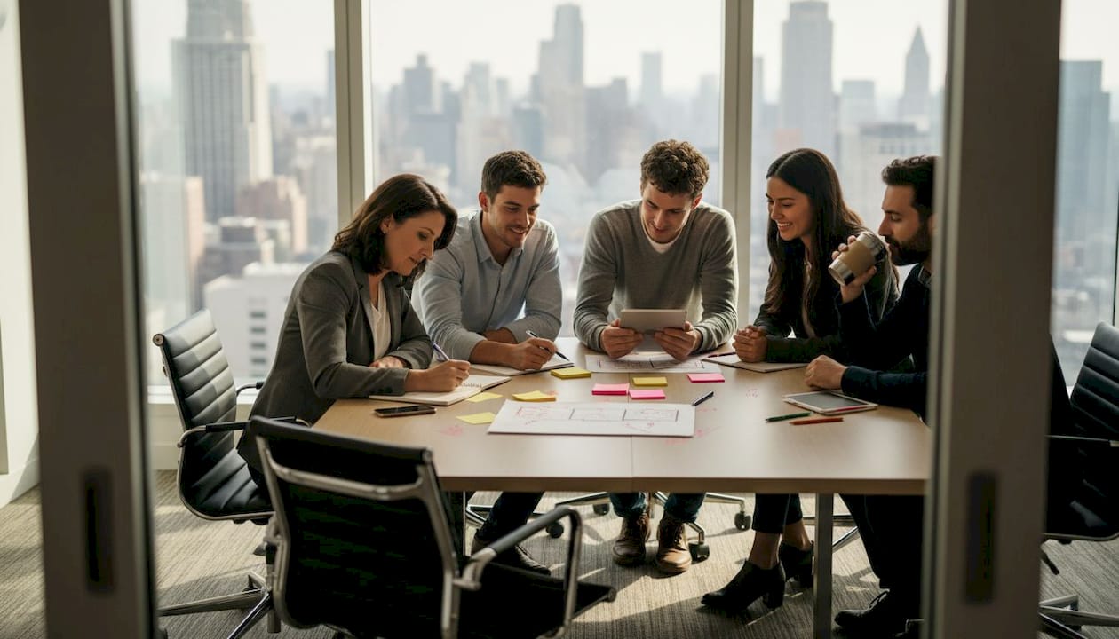 Business team discussing ideas in meeting room